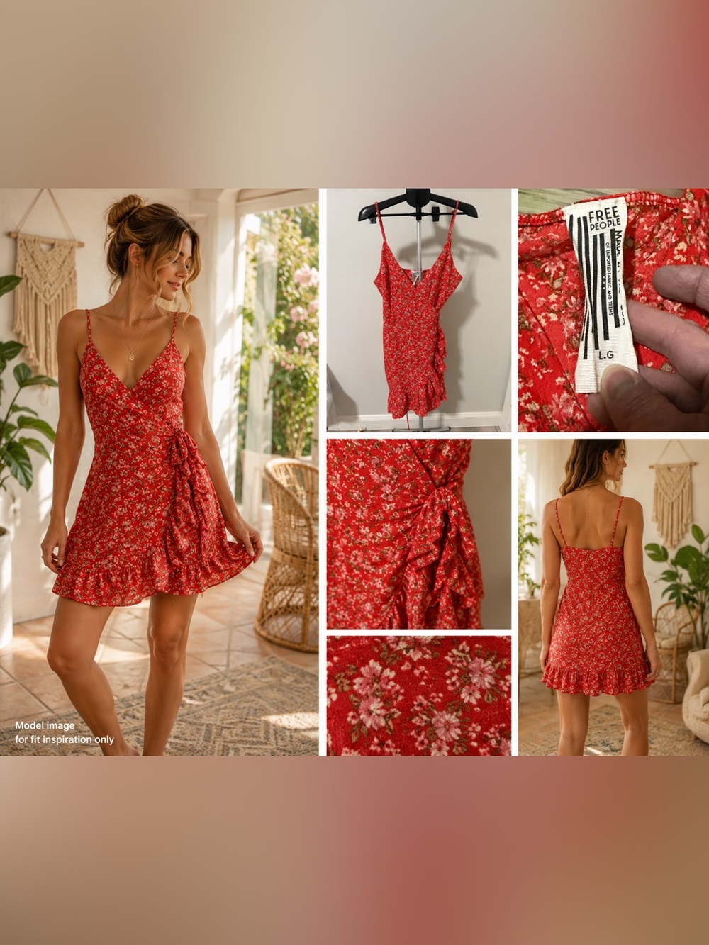 Free People Red Floral Wrap Mini Dress Ruffle Hem Spaghetti Strap Boho Large